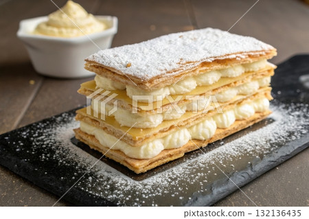 closeup mille-feuille dessert on black plate with icing sugar 132136435