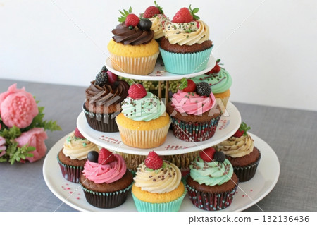 stack of various flavor cupcakes on table stack of various flavor cupcakes on table 132136436