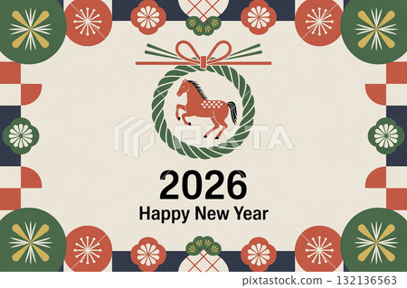 2026 年新年賀卡設計採用傳統十二生肖馬圖案及注連繩裝飾 2026 年新年賀卡設計採用傳統十二生肖馬圖案及注連繩裝飾 132136563