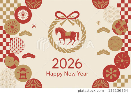 2026 年新年賀卡設計採用傳統十二生肖馬圖案及注連繩裝飾 2026 年新年賀卡設計採用傳統十二生肖馬圖案及注連繩裝飾 132136564