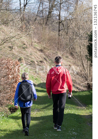 Brothers enjoying a walk in nature on a sunny day. Brothers enjoying a walk in nature on a sunny day. 132136745