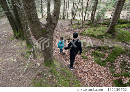 Exploring the tranquil forest trails with children as they navigate through fallen leaves and ancient trees in a peaceful autumn setting Exploring the tranquil forest trails with children as they navigate through fallen leaves and ancient trees in a peaceful autumn setting 132136762