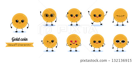 Cute gold coin kawaii character set with emotions 132136915