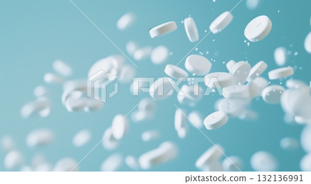 white pills falling on blue background, healthcare and medicine, pharmacy concept white pills falling on blue background, healthcare and medicine, pharmacy concept 132136991