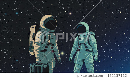 astronaut in spacesuit and with baggage suitcase, space exploration and discovery concept, travel and journeys 132137112