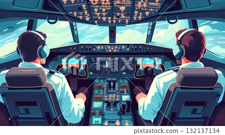 back view of captain pilot and co-pilot in airplane cabin, team two pilots in plane cockpit, professional aviation back view of captain pilot and co-pilot in airplane cabin, team two pilots in plane cockpit, professional aviation 132137134