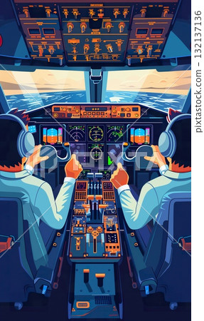 back view of captain pilot and co-pilot in airplane cabin, team two pilots in plane cockpit, professional aviation back view of captain pilot and co-pilot in airplane cabin, team two pilots in plane cockpit, professional aviation 132137136