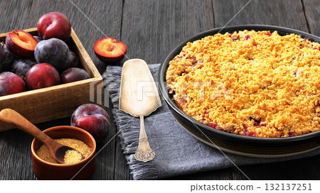 Crumb topped Plum Pie in a baking dish Crumb topped Plum Pie in a baking dish 132137251