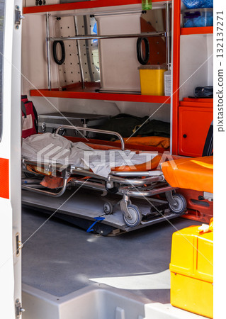 Medical equipment inside emergency vehicle during daytime Medical equipment inside emergency vehicle during daytime 132137271
