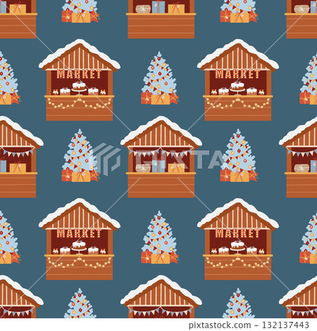 Christmas street market, flat vector seamless pattern. Winter festive decorative texture. New Years festive background with market stalls and Christmas trees, hand-drawn. Suitable for Christmas 132137443