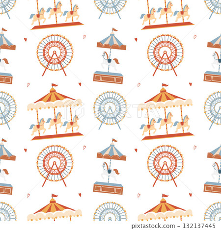 Seamless pattern with an amusement park on a light background. Carousel with horses and a Ferris wheel on a white background. Cartoon vector background with an amusement fair in a flat style. Seamless pattern with an amusement park on a light background. Carousel with horses and a Ferris wheel on a white background. Cartoon vector background with an amusement fair in a flat style. 132137445
