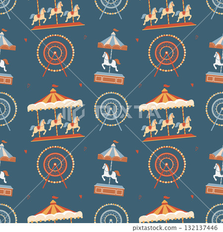 A seamless pattern with an amusement park on a dark background. A carousel with horses and a Ferris wheel on a blue background. A cartoon vector background with an amusement fair in a flat style. 132137446