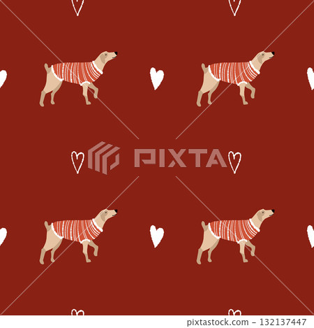 Seamless pattern with dogs in sweaters and hearts. Background with pets in clothes. Cute Christmas winter pattern. Vector flat illustration on a red background. Seamless pattern with dogs in sweaters and hearts. Background with pets in clothes. Cute Christmas winter pattern. Vector flat illustration on a red background. 132137447