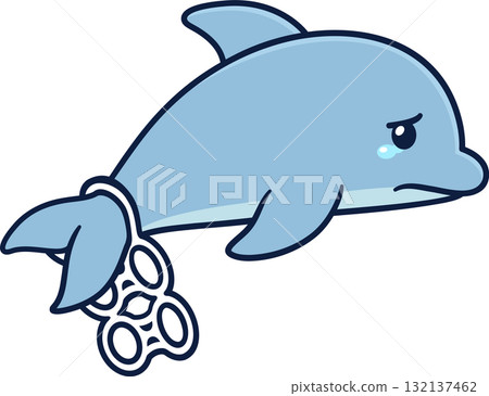 Sad cartoon dolphin stuck in plastic garbage Sad cartoon dolphin stuck in plastic garbage 132137462