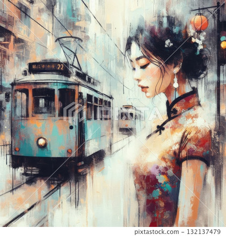Elegant Asian Woman in Traditional Qipao Amidst Vintage Hong Kong Street Scene with Generative AI. Elegant Asian Woman in Traditional Qipao Amidst Vintage Hong Kong Street Scene with Generative AI. 132137479