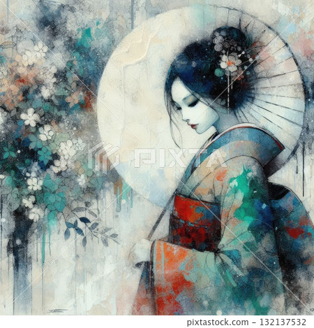 Elegant Geisha in Encaustic with Generative AI. 132137532