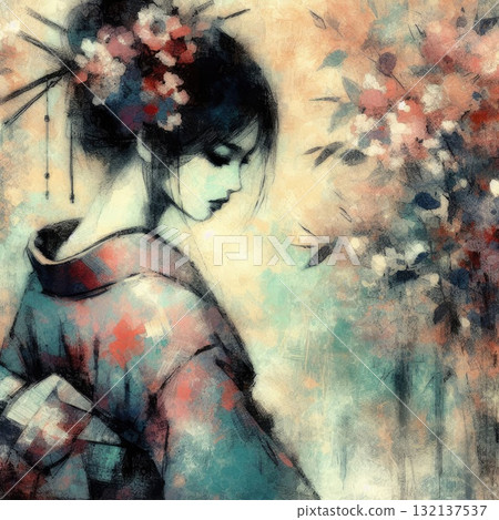 Elegant Geisha in Encaustic with Generative AI. 132137537