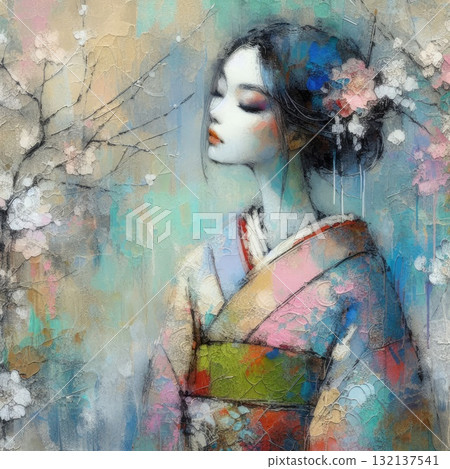 Elegant Geisha in Encaustic with Generative AI. Elegant Geisha in Encaustic with Generative AI. 132137541
