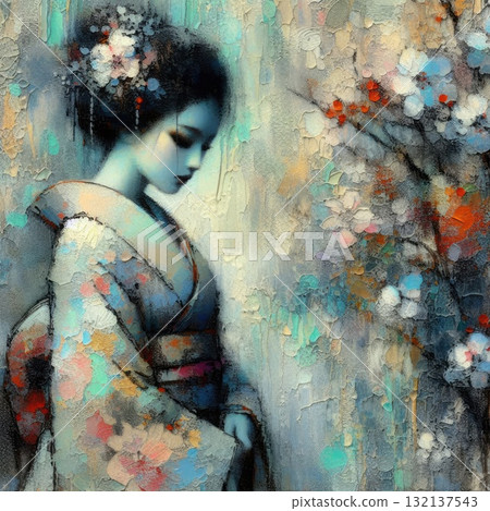 Elegant Geisha in Encaustic with Generative AI. Elegant Geisha in Encaustic with Generative AI. 132137543