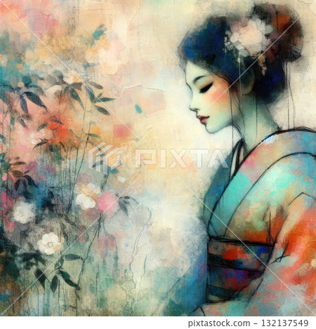 Elegant Geisha in Encaustic with Generative AI. Elegant Geisha in Encaustic with Generative AI. 132137549