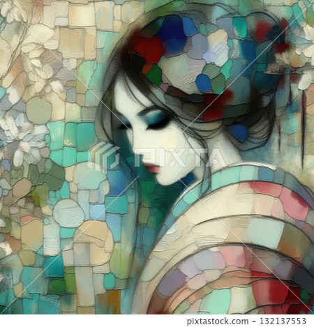 Elegant Geisha in Encaustic with Generative AI. 132137553