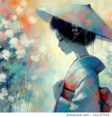 Elegant Geisha in Encaustic with Generative AI. Elegant Geisha in Encaustic with Generative AI. 132137556