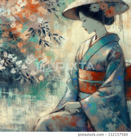Elegant Geisha in Encaustic with Generative AI. 132137560