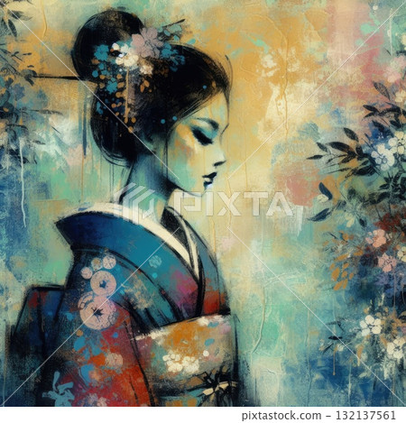 Elegant Geisha in Encaustic with Generative AI. 132137561