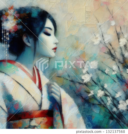 Elegant Geisha in Encaustic with Generative AI. 132137568
