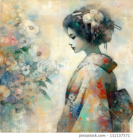 Elegant Geisha in Encaustic with Generative AI. Elegant Geisha in Encaustic with Generative AI. 132137571