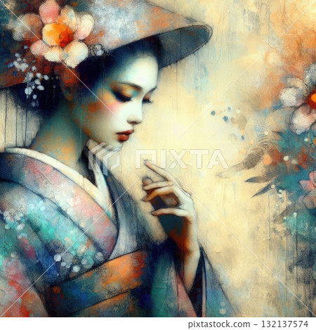 Elegant Geisha in Encaustic with Generative AI. 132137574