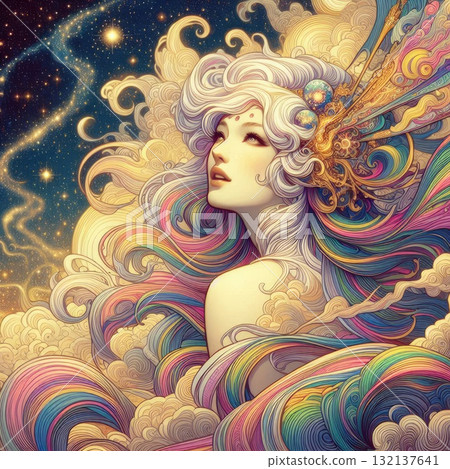 Ethereal Fantasy Goddess with Flowing Rainbow Hair in a Cosmic Sky with Generative AI. 132137641