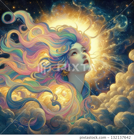 Ethereal Fantasy Goddess with Flowing Rainbow Hair in a Cosmic Sky with Generative AI. 132137642