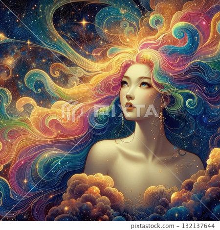 Ethereal Fantasy Goddess with Flowing Rainbow Hair in a Cosmic Sky with Generative AI. 132137644
