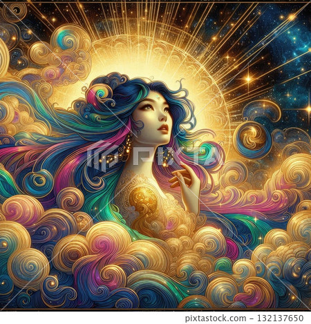 Ethereal Fantasy Goddess with Flowing Rainbow Hair in a Cosmic Sky with Generative AI. 132137650