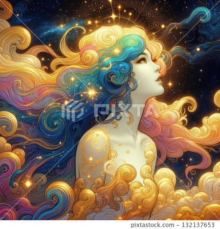Ethereal Fantasy Goddess with Flowing Rainbow Hair in a Cosmic Sky with Generative AI. 132137653
