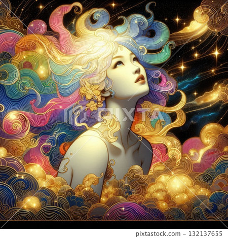 Ethereal Fantasy Goddess with Flowing Rainbow Hair in a Cosmic Sky with Generative AI. 132137655