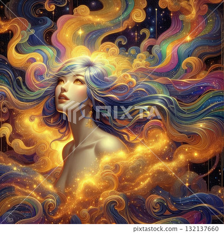 Ethereal Fantasy Goddess with Flowing Rainbow Hair in a Cosmic Sky with Generative AI. 132137660