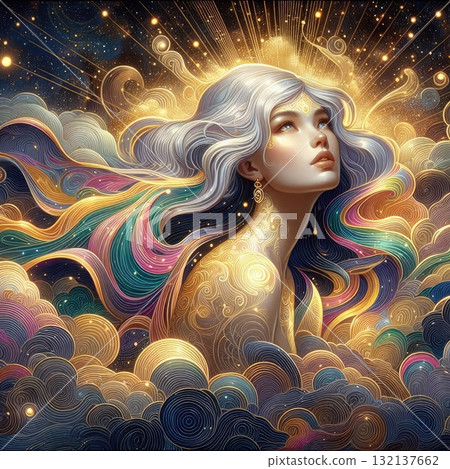 Ethereal Fantasy Goddess with Flowing Rainbow Hair in a Cosmic Sky with Generative AI. 132137662