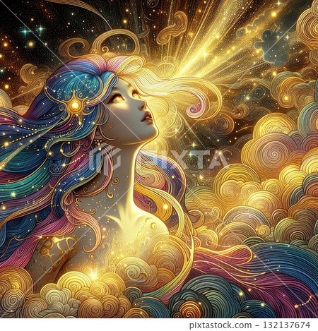 Ethereal Fantasy Goddess with Flowing Rainbow Hair in a Cosmic Sky with Generative AI. 132137674