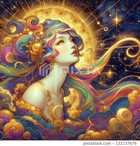 Ethereal Fantasy Goddess with Flowing Rainbow Hair in a Cosmic Sky with Generative AI. Ethereal Fantasy Goddess with Flowing Rainbow Hair in a Cosmic Sky with Generative AI. 132137676