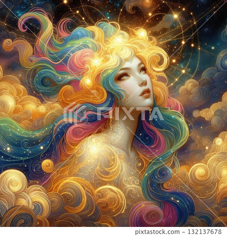 Ethereal Fantasy Goddess with Flowing Rainbow Hair in a Cosmic Sky with Generative AI. 132137678