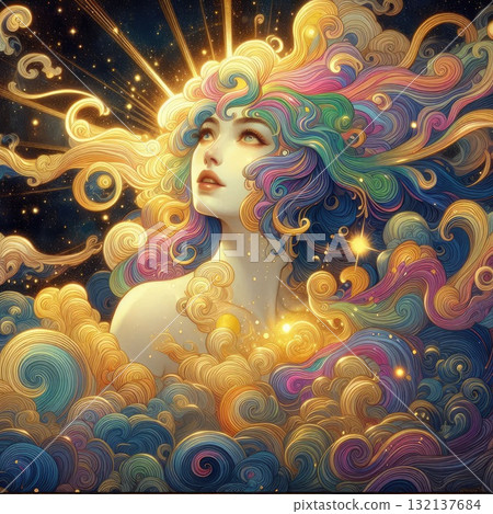 Ethereal Fantasy Goddess with Flowing Rainbow Hair in a Cosmic Sky with Generative AI. 132137684