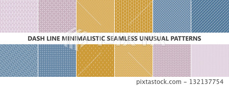 Collection of colorful dash geometric seamless patterns. Repeatable simple striped backgrounds, textile unusual minimalistic prints. Endless linear textures 132137754