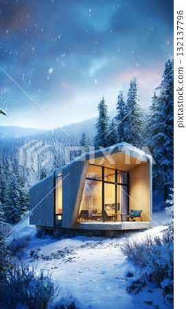 A sleek cabin sits on a snowy mountain slope under a pastel twilight sky. Warm light emanates from the windows, contrasting with the cold surroundings and creating a cozy atmosphere 132137796