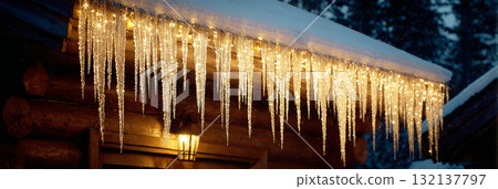 Twinkling lights hang from the eaves of a rustic cabin, creating a warm atmosphere against the snowy backdrop of a winter landscape, inviting a sense of coziness and cheer, banner 132137797