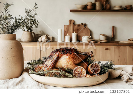 A beautifully roasted turkey sits on a wooden platter, surrounded by herbs and dried oranges, create a warm Thanksgiving atmosphere A beautifully roasted turkey sits on a wooden platter, surrounded by herbs and dried oranges, create a warm Thanksgiving atmosphere 132137801