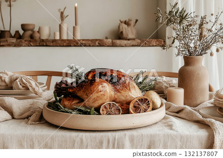A beautifully roasted turkey sits on a wooden platter, surrounded by herbs and dried oranges, create a warm Thanksgiving atmosphere A beautifully roasted turkey sits on a wooden platter, surrounded by herbs and dried oranges, create a warm Thanksgiving atmosphere 132137807