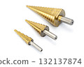 Three Metal Step Drill Bits in Various Sizes on White Background 132137874