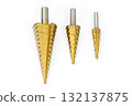 Three Metal Step Drill Bits in Various Sizes on White Background 132137875